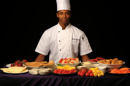 Professional Chef in Clean White Kitchen Robe Preparing Fresh Sushi Rolls with Various Ingredientsの素材