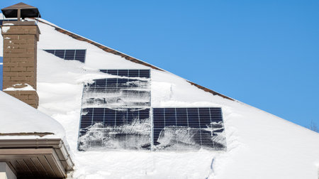 Roof with solar panels being cleared of snow on a bright day with a clear blue sky, showing the importance of maintaining renewable energy sources in harsh weather conditions.の写真素材