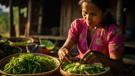 Elderly Asian woman sorting fresh green vegetables at sunset for a home-cooked dinnerの素材