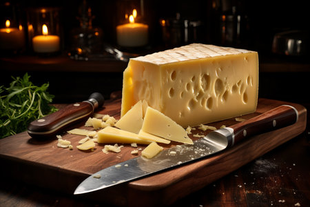 Assorted artisan cheeses, nuts, and fragrant rosemary on rustic kitchen cutting boardの素材