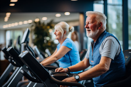Happy senior couple exercising together at fitness studio, promoting active lifestyleの素材