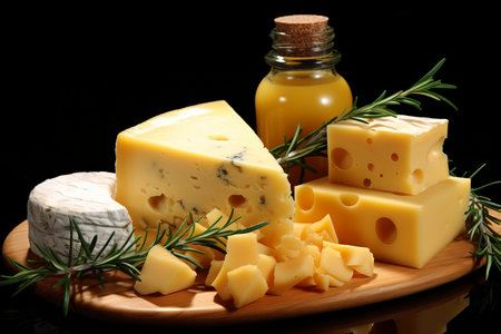 artisan cheeses, nuts, and fragrant rosemary displayed on rustic kitchen cutting boardの素材