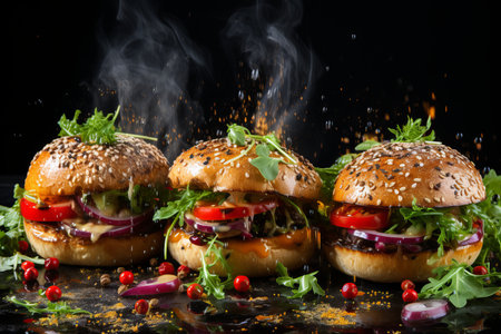 Three delicious hamburgers with steam rising above them on dark wooden table, fast food conceptの素材