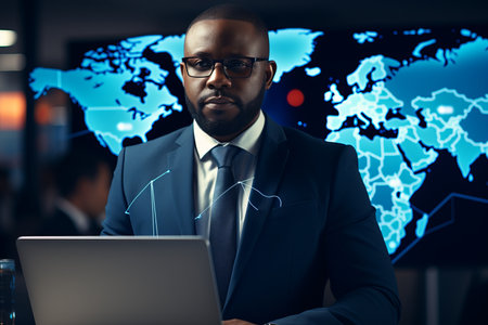 Global network security. businessman embracing technology for secure business operationsの素材