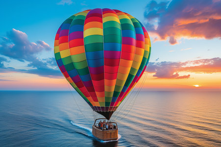 Hot air balloon silhouette floating over sea at sunset, close-up with contrasting lineの素材