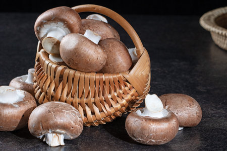 Wicker basket filled with fresh brown mushrooms on dark surface. Organic, natural food isolated on black background. Top view close-up shot for a detailed view of the mushrooms.の写真素材