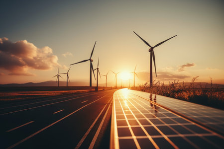 Panoramic view of solar panels and wind turbines in natural and urban environmentの素材