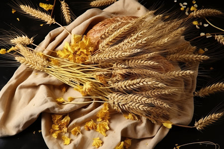 Ripe wheat ears on a peasants table - symbol of plentiful harvest and agricultural prosperityの素材
