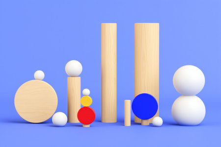 Abstract composition of yellow, white, and blue cylinders and spheres on a blue backgroundの素材