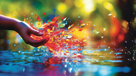 Skilled artist enhancing vibrant colors, stretching space with hands, creating beautiful visual artの素材