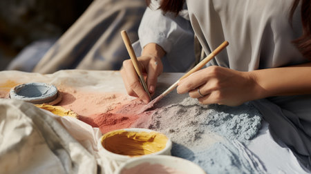 Artists hands skillfully mixing various dry paints before preparing them for useの素材