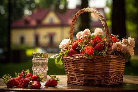 Fresh ripe strawberries in basket on green lawn with juicy berries scattered onto the lush grassの素材