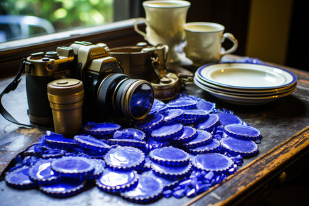 Vintage camera on rustic kitchen table among assorted kitchen utensils and cookware itemsの素材