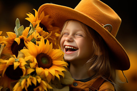 Smiling child in sunflower field on a sunny, colorful summer day, basking in warm sunlightの素材