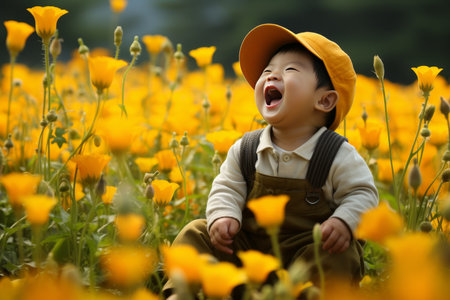 Radiant childs innocent smile bathed in sunbeams, evoking warmth and joyful ambianceの素材