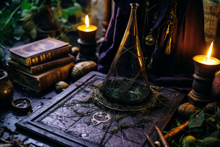 Magician setting up magical items on table for captivating enchanting mystical ritualの素材