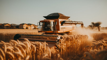 Panoramic view of ripe wheat field being harvested by combine agricultural machinery on sunny dayの素材