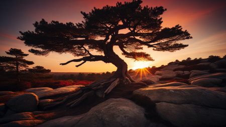 Stunning capture of a whimsical solitary tree against the magnificent colors of a sunset skyの素材