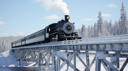 Vintage steam locomotive pulls train through picturesque winter landscape in sunlightの素材