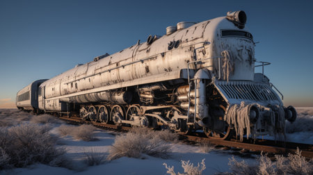title. close-up view of the intricate details of an old steam locomotive in a snow-covered forest under soft winter lightの素材
