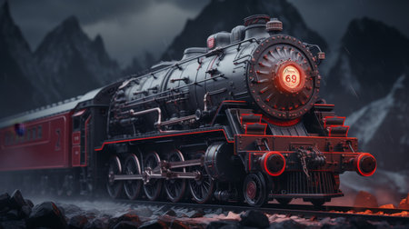 Mystical black steam train emerges from snow-covered mountains amidst darkness and mistの素材