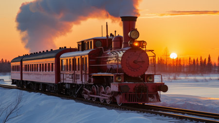 Vintage steam locomotive pulling train through snowy winter landscape with sunlightの素材