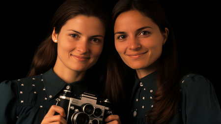 Young female photographer capturing candid city moments with camera on urban streets for stock photoの素材