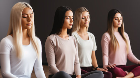 Serene meditation session. young woman practicing yoga and deep breathing for peace and tranquilityの素材