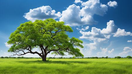 Solitary oak tree standing alone on lush green meadow with a backdrop of vibrant blue skyの素材