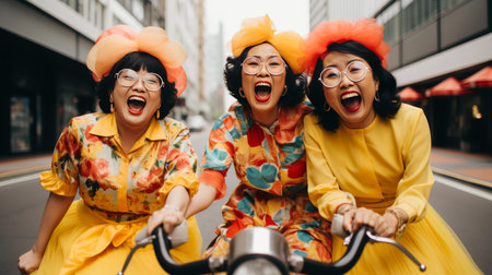 Group of smiling Chinese women in colorful traditional attire posing with a bicycle outdoorsの素材