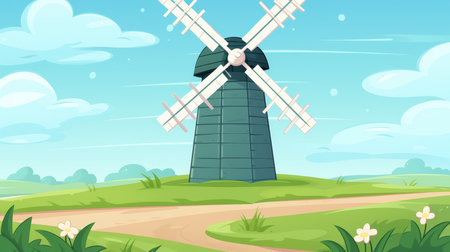 Stylized illustration of a Dutch windmill in a flat style, traditional european landmarkの素材