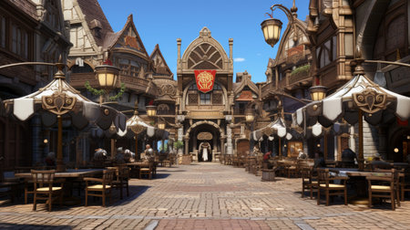 Illustration of medieval city architecture featuring unique roof styles for stock image purchaseの素材