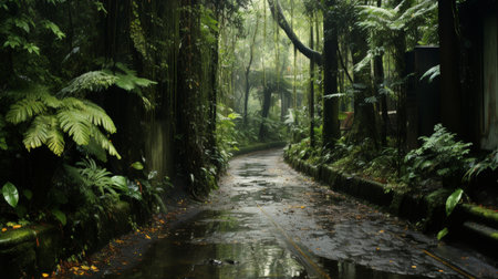 Scenic walking path in a lush and shaded park, perfect for leisurely strolls and nature walksの素材
