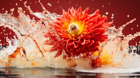 Beautiful red flower creating a splash of water as it falls into the clear blue pondの素材