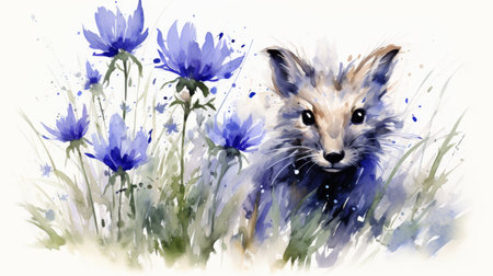 Adorable young fox in beautiful fields of blooming bluebells, charming watercolor illustrationの素材