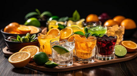 Fresh fruit cocktails and ripe ingredients on the bar counter for mixing delicious drinksの素材