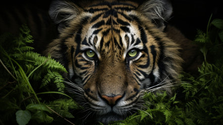 Close-up of a tigers head, attentively observing its prey from the dense bushes in the forestの素材