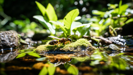 Close-up macro photography of ant with wings on forest floor, wild insect in natural habitatの素材