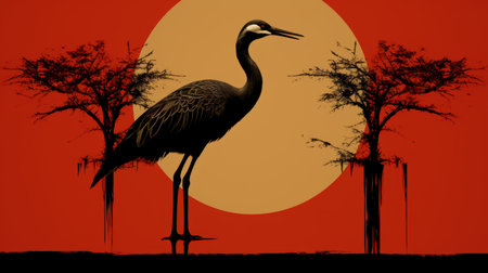 Tranquil chinese landscape with bamboo, lake, and traditional crane in serene sceneryの素材