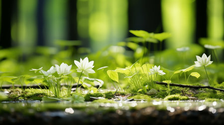 Macro photo of beautiful sunlit forest undergrowth with vibrant colors and intricate detailsの素材