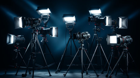 Professional photo studio setup with cameras, tripods, lighting, softboxes, and backdropsの素材