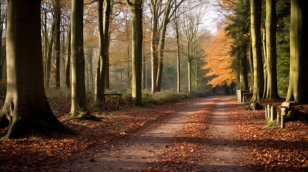 Serene forest landscape with a picturesque sunlit forest road under the glowing sunlightの素材