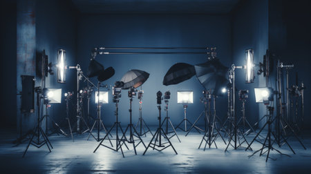 Professional photo studio setup with cameras, tripods, lighting, softboxesの素材