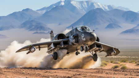 High-quality image of an American fighter jet taking off against a beautiful clear blue skyの素材