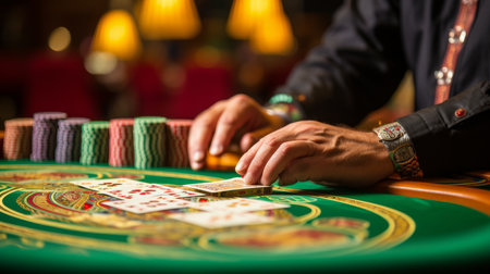Close-up of hands holding playing cards in poker game at green table inside casinoの素材