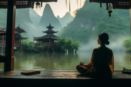 Woman practicing yoga on rocky cliff platform at sunrise with deep ravine in backgroundの素材