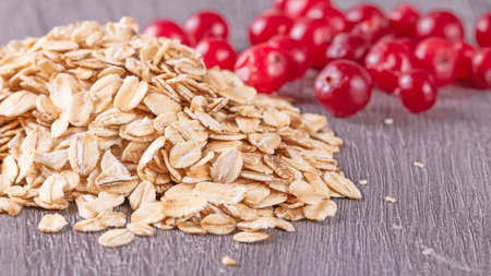 A bowl of nutritious oat flakes and red cranberries, arranged as a healthy and vibrant breakfast choice, providing essential nutrients for a balanced diet.の写真素材