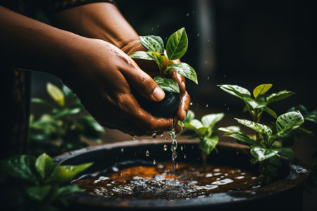 Hands of individual repotting indoor plants, transferring houseplants to new potsの素材