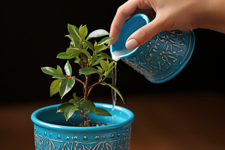 Handwatering potted plant with watering can for optimal soil hydration and growthの素材