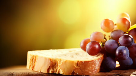 Fresh grapes and bread prepared for a delightful summer picnic on the lush green grassの素材